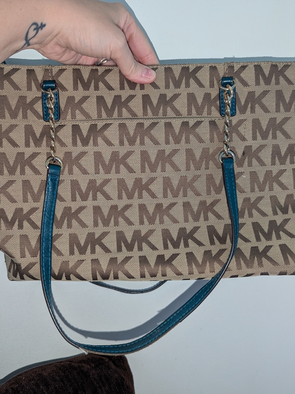 Michael Kors Brown Logo Tote with Teal Trim